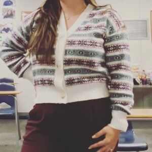 Loft Winter Print Button Up Sweater